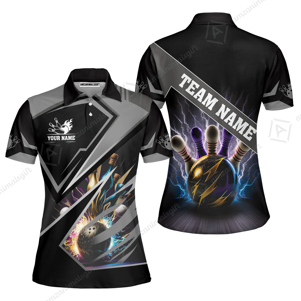 Customized Bowling Jersey Shirt, Bowling And Pins Premium Multicolor Option Customized Name And Team Zipper Polo Jerseys Shirts