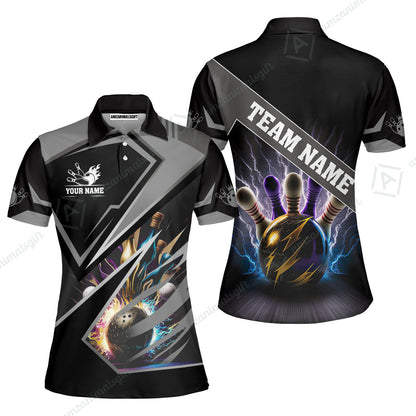 Customized Bowling Jersey Shirt, Bowling And Pins Premium Multicolor Option Customized Name And Team Zipper Polo Jerseys Shirts