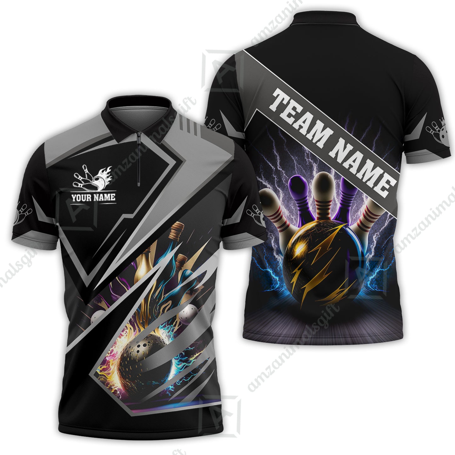 Customized Bowling Jersey Shirt, Bowling And Pins Premium Multicolor Option Customized Name And Team Zipper Polo Jerseys Shirts