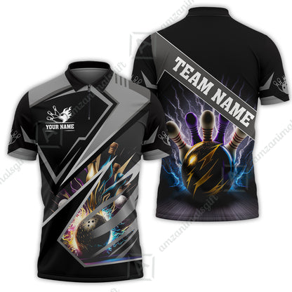 Customized Bowling Jersey Shirt, Bowling And Pins Premium Multicolor Option Customized Name And Team Zipper Polo Jerseys Shirts