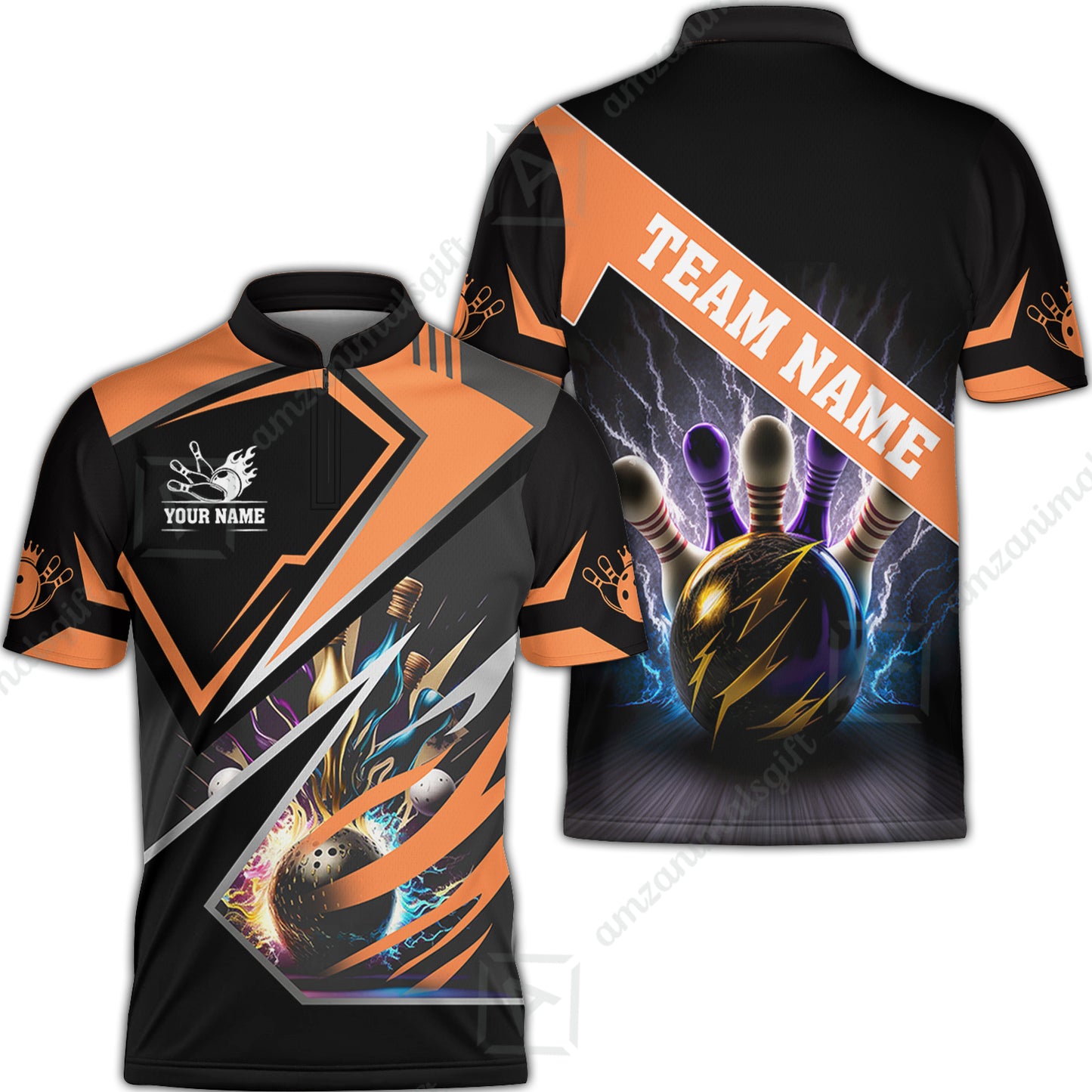 Customized Bowling Jersey Shirt, Bowling And Pins Premium Multicolor Option Customized Name And Team Zipper Polo Jerseys Shirts