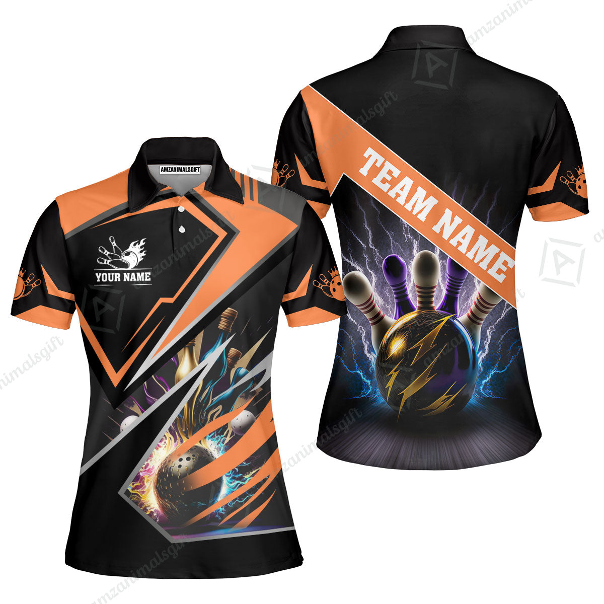Customized Bowling Jersey Shirt, Bowling And Pins Premium Multicolor Option Customized Name And Team Zipper Polo Jerseys Shirts