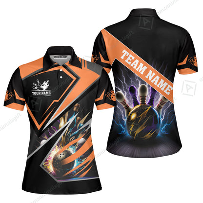 Customized Bowling Jersey Shirt, Bowling And Pins Premium Multicolor Option Customized Name And Team Zipper Polo Jerseys Shirts