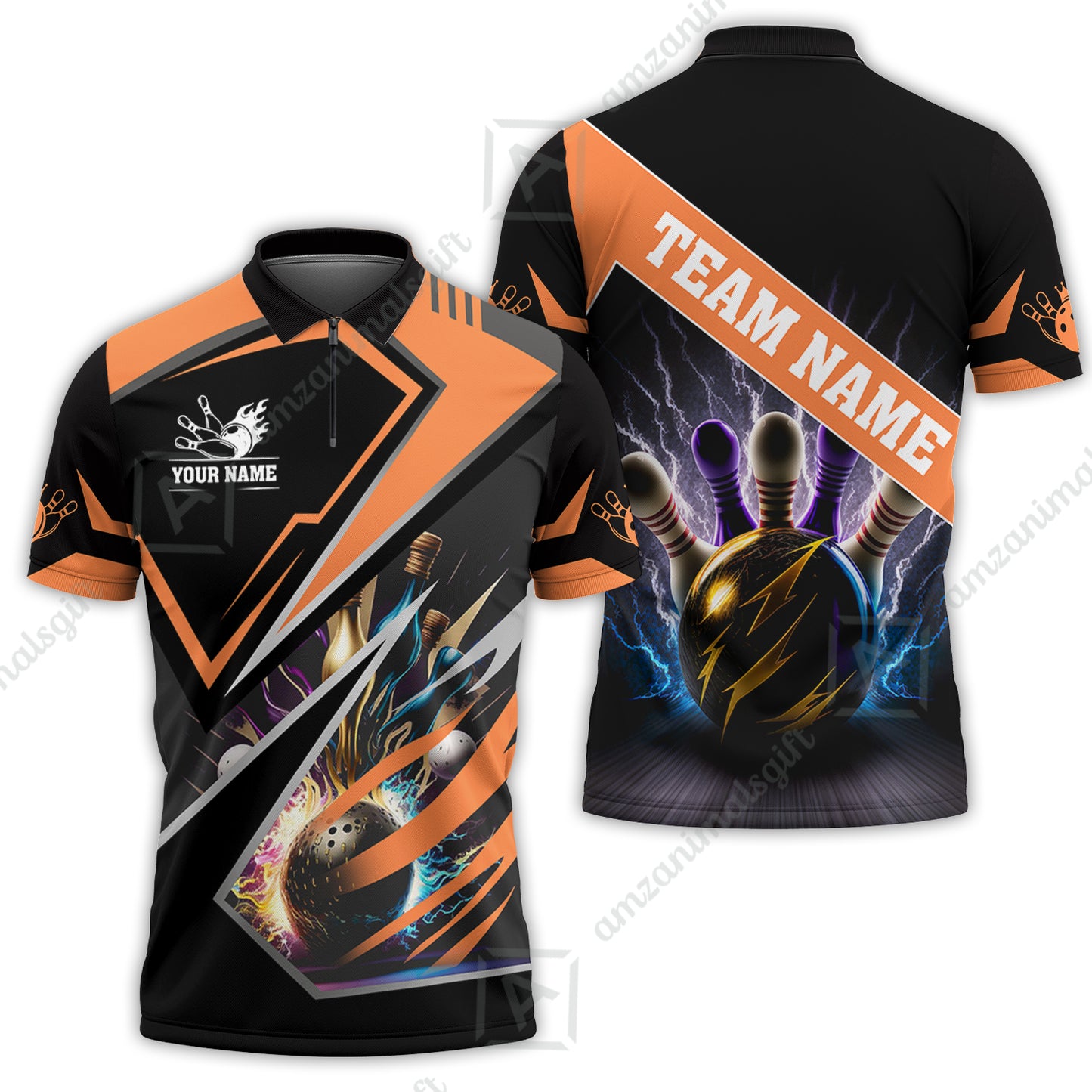 Customized Bowling Jersey Shirt, Bowling And Pins Premium Multicolor Option Customized Name And Team Zipper Polo Jerseys Shirts