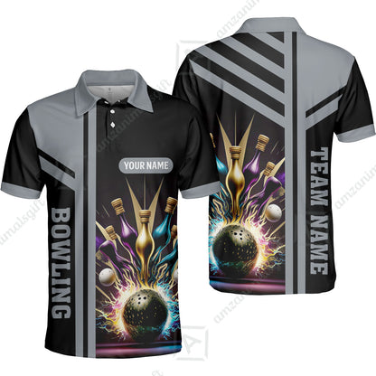 Customized Bowling Unisex Polo, Bowling And Pins Premium Professional Multicolor Option Customized Name And Team Zipper Polo Jerseys Shirts