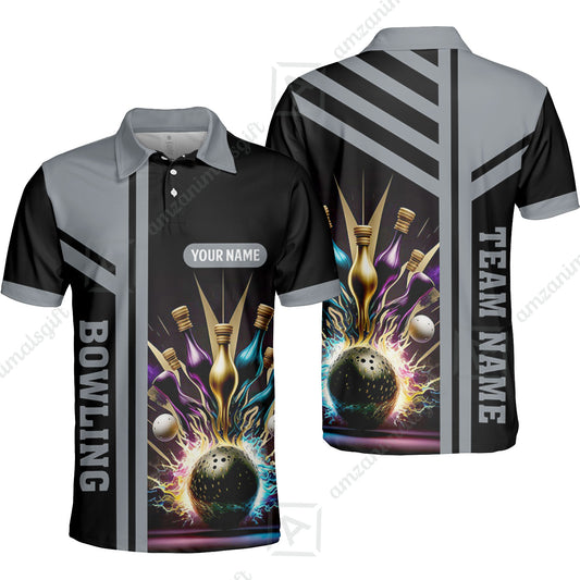 Customized Bowling Unisex Polo, Bowling And Pins Premium Professional Multicolor Option Customized Name And Team Zipper Polo Jerseys Shirts