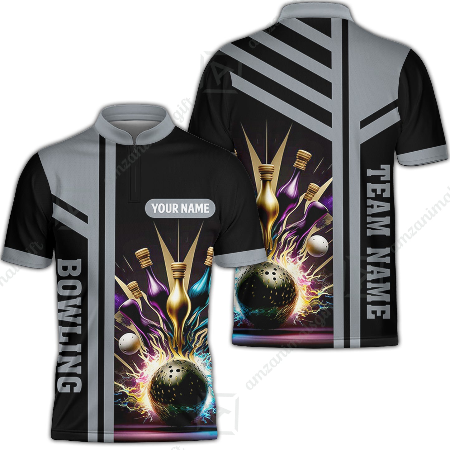 Customized Bowling Unisex Polo, Bowling And Pins Premium Professional Multicolor Option Customized Name And Team Zipper Polo Jerseys Shirts