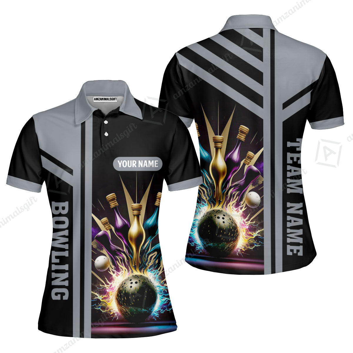 Customized Bowling Unisex Polo, Bowling And Pins Premium Professional Multicolor Option Customized Name And Team Zipper Polo Jerseys Shirts