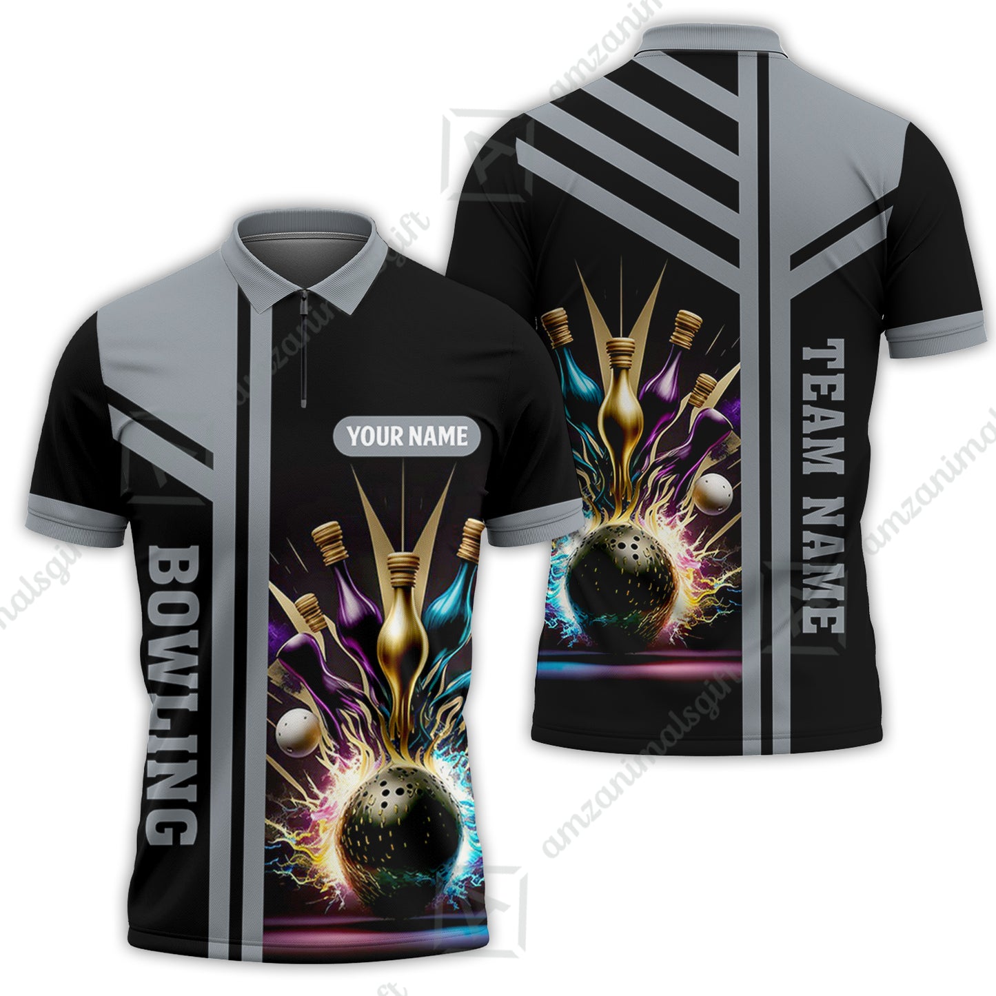 Customized Bowling Unisex Polo, Bowling And Pins Premium Professional Multicolor Option Customized Name And Team Zipper Polo Jerseys Shirts