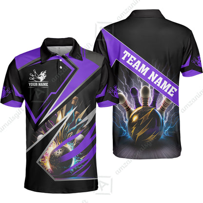 Customized Bowling Jersey Shirt, Bowling And Pins Premium Multicolor Option Customized Name And Team Zipper Polo Jerseys Shirts