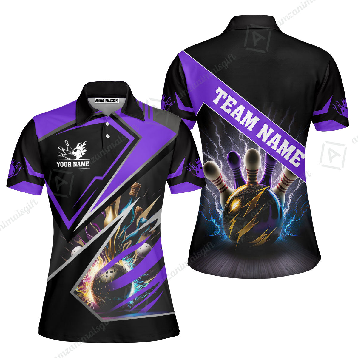 Customized Bowling Jersey Shirt, Bowling And Pins Premium Multicolor Option Customized Name And Team Zipper Polo Jerseys Shirts