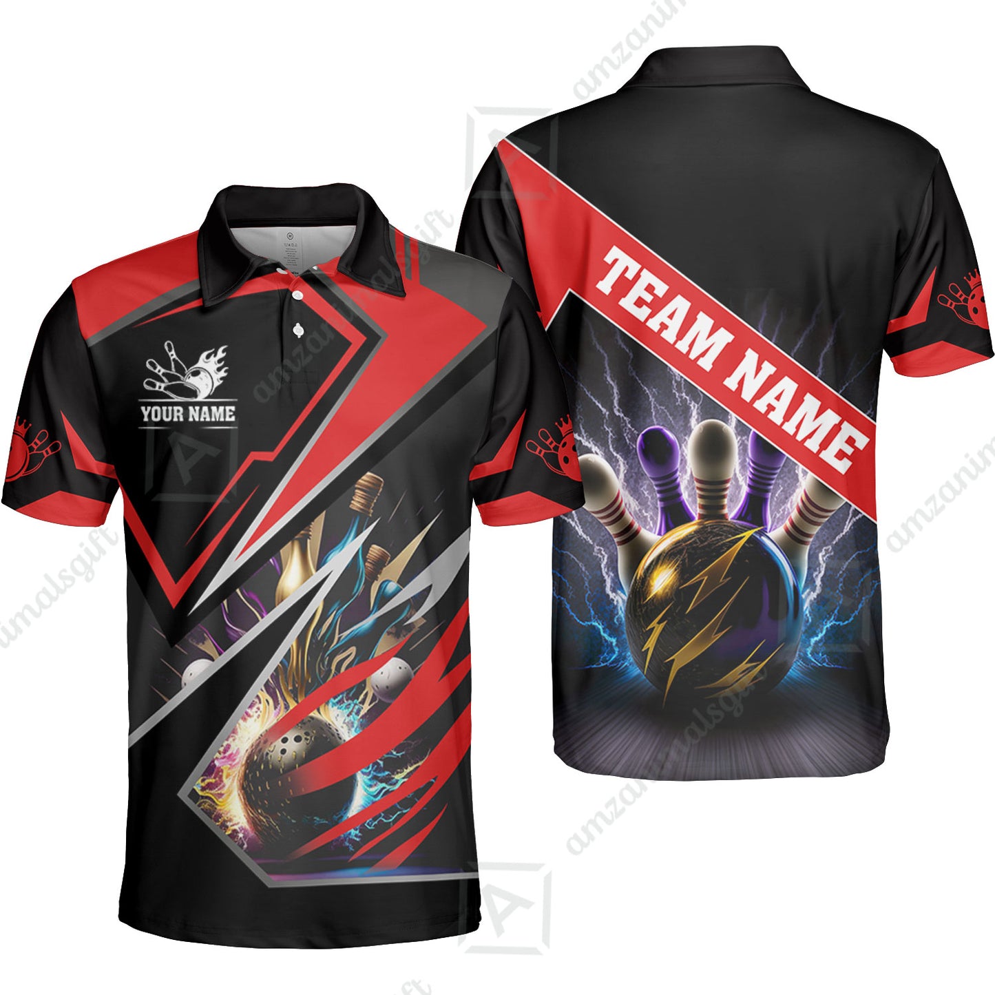 Customized Bowling Jersey Shirt, Bowling And Pins Premium Multicolor Option Customized Name And Team Zipper Polo Jerseys Shirts