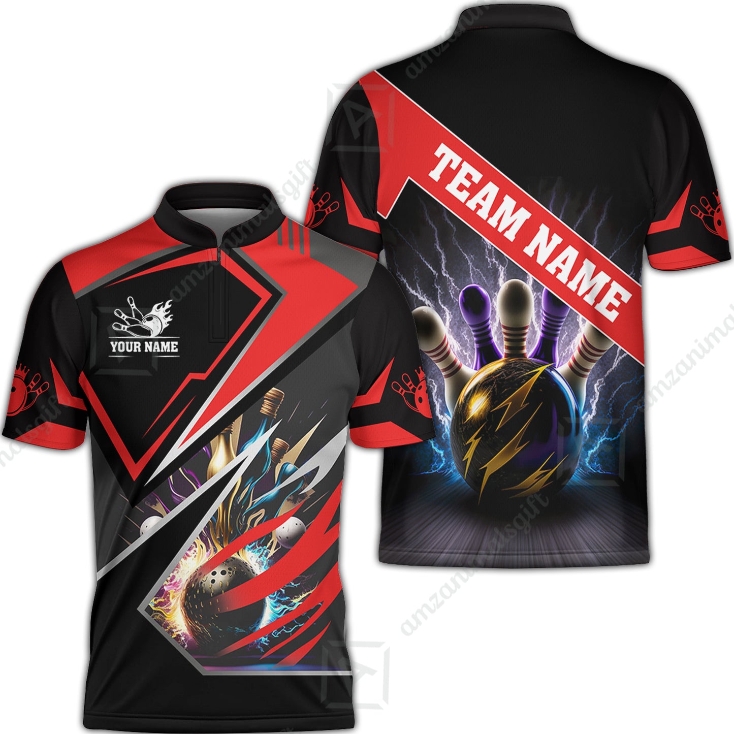 Customized Bowling Jersey Shirt, Bowling And Pins Premium Multicolor Option Customized Name And Team Zipper Polo Jerseys Shirts