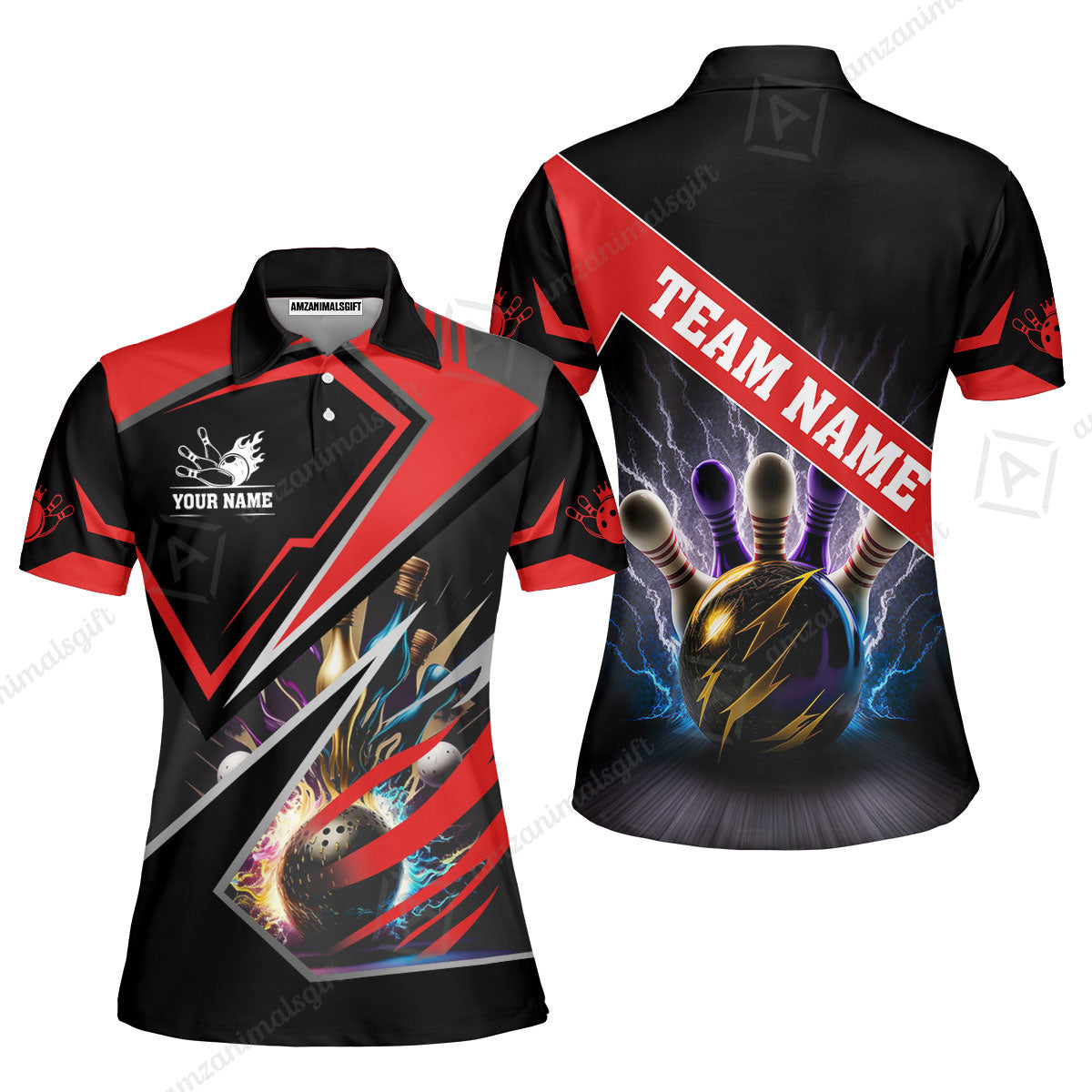 Customized Bowling Jersey Shirt, Bowling And Pins Premium Multicolor Option Customized Name And Team Zipper Polo Jerseys Shirts