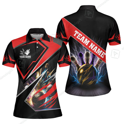 Customized Bowling Jersey Shirt, Bowling And Pins Premium Multicolor Option Customized Name And Team Zipper Polo Jerseys Shirts