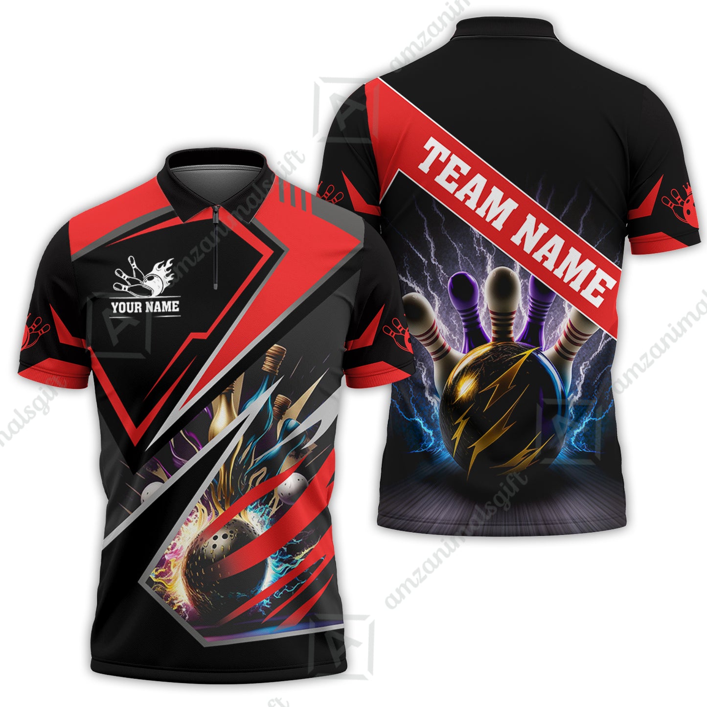Customized Bowling Jersey Shirt, Bowling And Pins Premium Multicolor Option Customized Name And Team Zipper Polo Jerseys Shirts