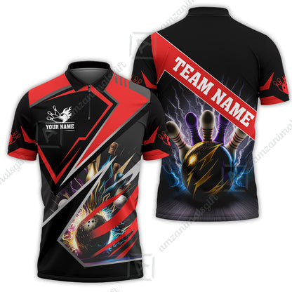 Customized Bowling Jersey Shirt, Bowling And Pins Premium Multicolor Option Customized Name And Team Zipper Polo Jerseys Shirts