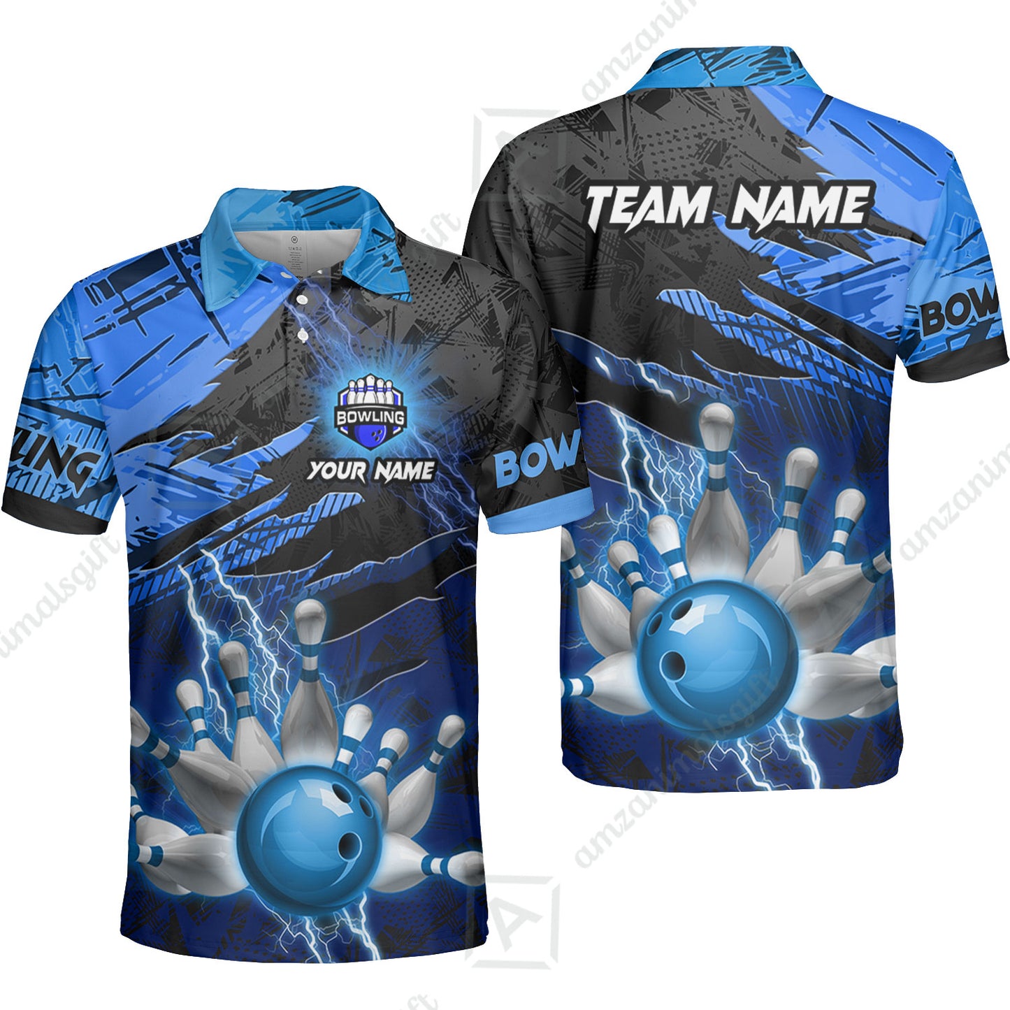 Customized Bowling Unisex Polo Shirt, Bowling And Pins Thunder Break Multicolor Option Customized Name And Team Name Zipper Polo Jerseys Shirts