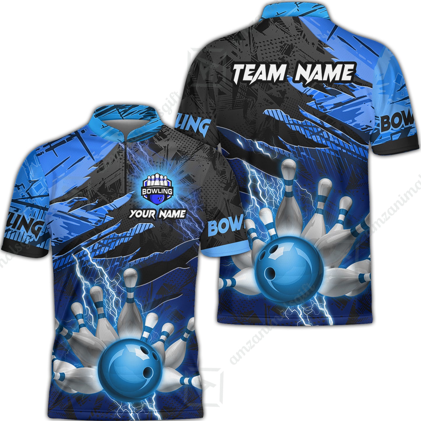 Customized Bowling Unisex Polo Shirt, Bowling And Pins Thunder Break Multicolor Option Customized Name And Team Name Zipper Polo Jerseys Shirts