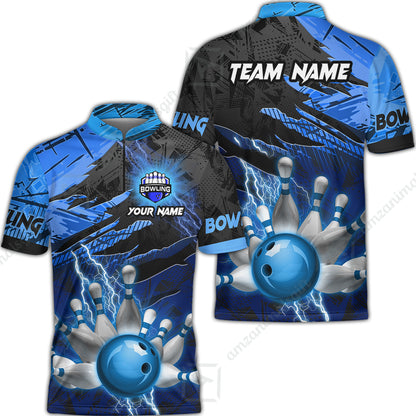 Customized Bowling Unisex Polo Shirt, Bowling And Pins Thunder Break Multicolor Option Customized Name And Team Name Zipper Polo Jerseys Shirts