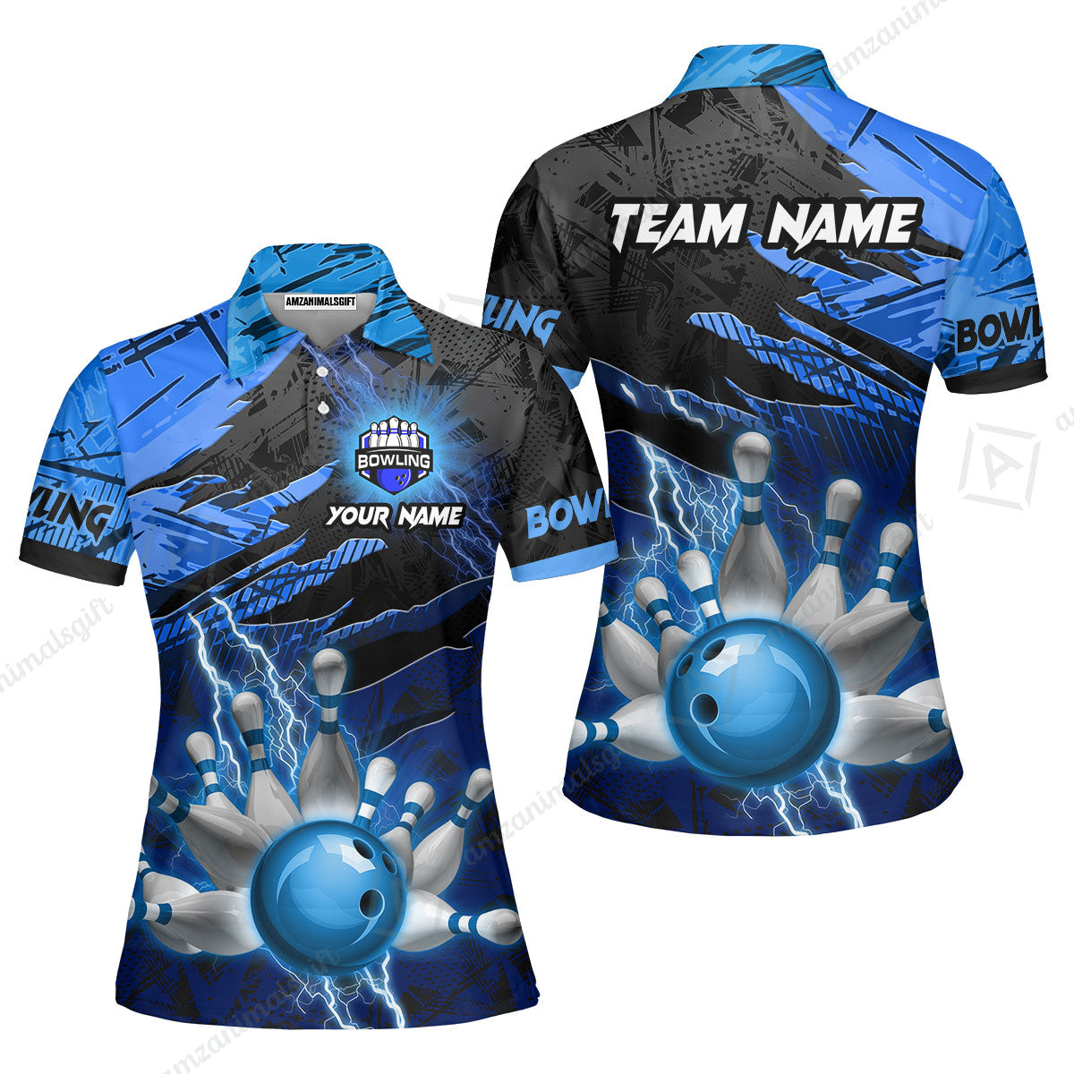 Customized Bowling Unisex Polo Shirt, Bowling And Pins Thunder Break Multicolor Option Customized Name And Team Name Zipper Polo Jerseys Shirts