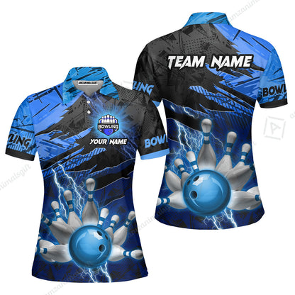 Customized Bowling Unisex Polo Shirt, Bowling And Pins Thunder Break Multicolor Option Customized Name And Team Name Zipper Polo Jerseys Shirts
