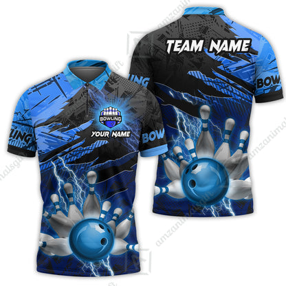 Customized Bowling Unisex Polo Shirt, Bowling And Pins Thunder Break Multicolor Option Customized Name And Team Name Zipper Polo Jerseys Shirts