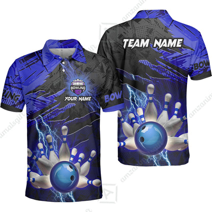 Customized Bowling Unisex Polo Shirt, Bowling And Pins Thunder Break Multicolor Option Customized Name And Team Name Zipper Polo Jerseys Shirts