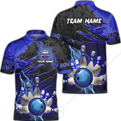 Customized Bowling Unisex Polo Shirt, Bowling And Pins Thunder Break Multicolor Option Customized Name And Team Name Zipper Polo Jerseys Shirts