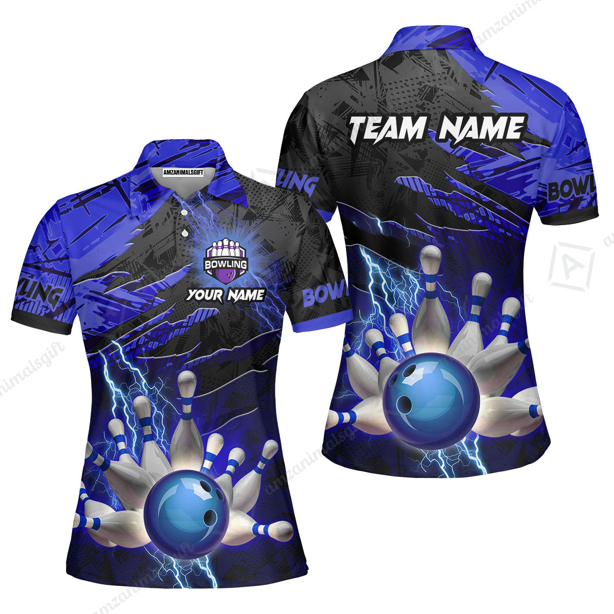Customized Bowling Unisex Polo Shirt, Bowling And Pins Thunder Break Multicolor Option Customized Name And Team Name Zipper Polo Jerseys Shirts