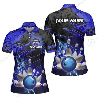 Customized Bowling Unisex Polo Shirt, Bowling And Pins Thunder Break Multicolor Option Customized Name And Team Name Zipper Polo Jerseys Shirts