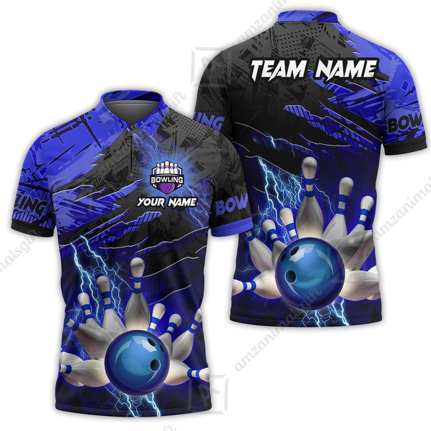 Customized Bowling Unisex Polo Shirt, Bowling And Pins Thunder Break Multicolor Option Customized Name And Team Name Zipper Polo Jerseys Shirts