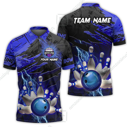 Customized Bowling Unisex Polo Shirt, Bowling And Pins Thunder Break Multicolor Option Customized Name And Team Name Zipper Polo Jerseys Shirts