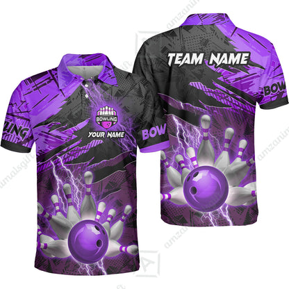 Customized Bowling Unisex Polo Shirt, Bowling And Pins Thunder Break Multicolor Option Customized Name And Team Name Zipper Polo Jerseys Shirts