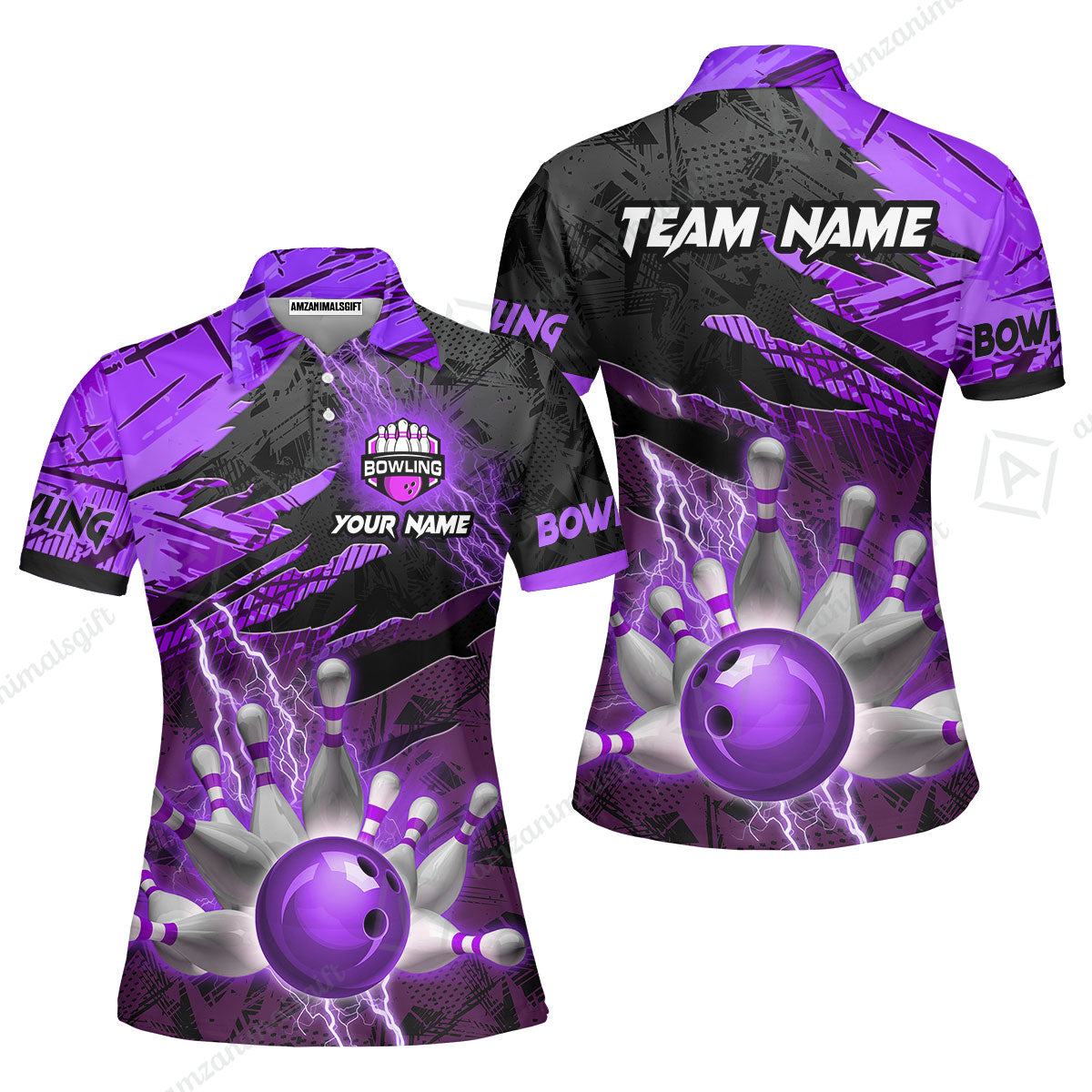 Customized Bowling Unisex Polo Shirt, Bowling And Pins Thunder Break Multicolor Option Customized Name And Team Name Zipper Polo Jerseys Shirts