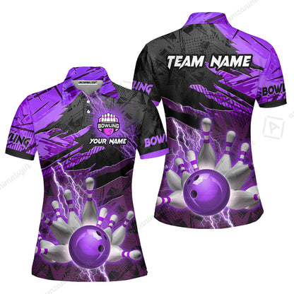 Customized Bowling Unisex Polo Shirt, Bowling And Pins Thunder Break Multicolor Option Customized Name And Team Name Zipper Polo Jerseys Shirts