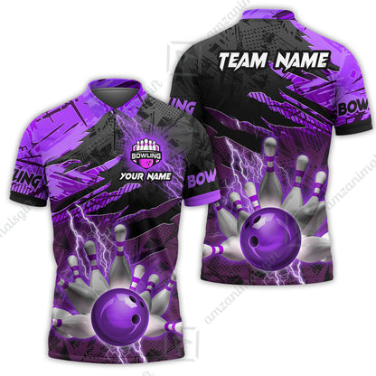 Customized Bowling Unisex Polo Shirt, Bowling And Pins Thunder Break Multicolor Option Customized Name And Team Name Zipper Polo Jerseys Shirts
