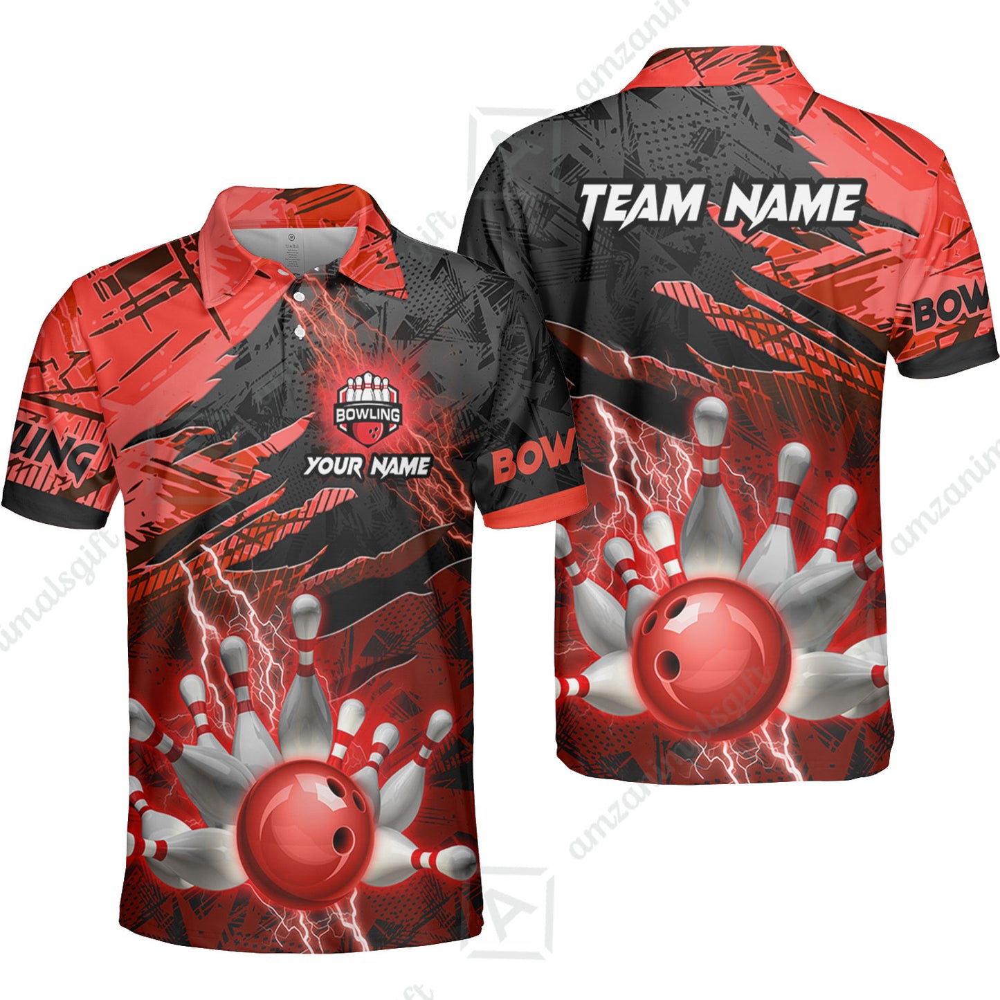 Customized Bowling Unisex Polo Shirt, Bowling And Pins Thunder Break Multicolor Option Customized Name And Team Name Zipper Polo Jerseys Shirts