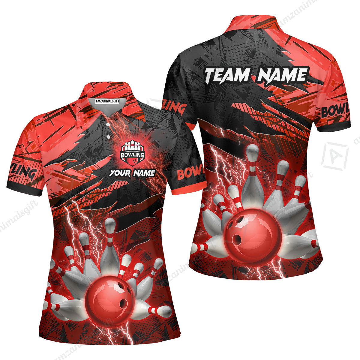 Customized Bowling Unisex Polo Shirt, Bowling And Pins Thunder Break Multicolor Option Customized Name And Team Name Zipper Polo Jerseys Shirts