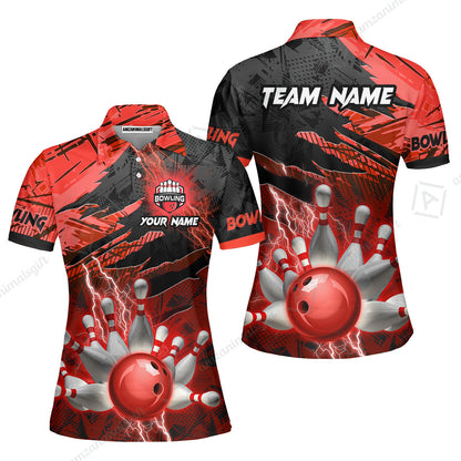 Customized Bowling Unisex Polo Shirt, Bowling And Pins Thunder Break Multicolor Option Customized Name And Team Name Zipper Polo Jerseys Shirts