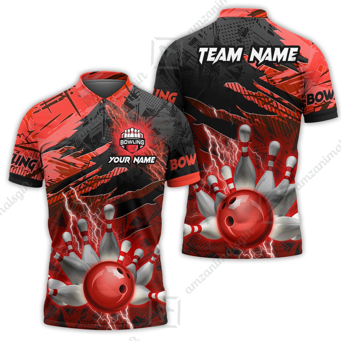 Customized Bowling Unisex Polo Shirt, Bowling And Pins Thunder Break Multicolor Option Customized Name And Team Name Zipper Polo Jerseys Shirts