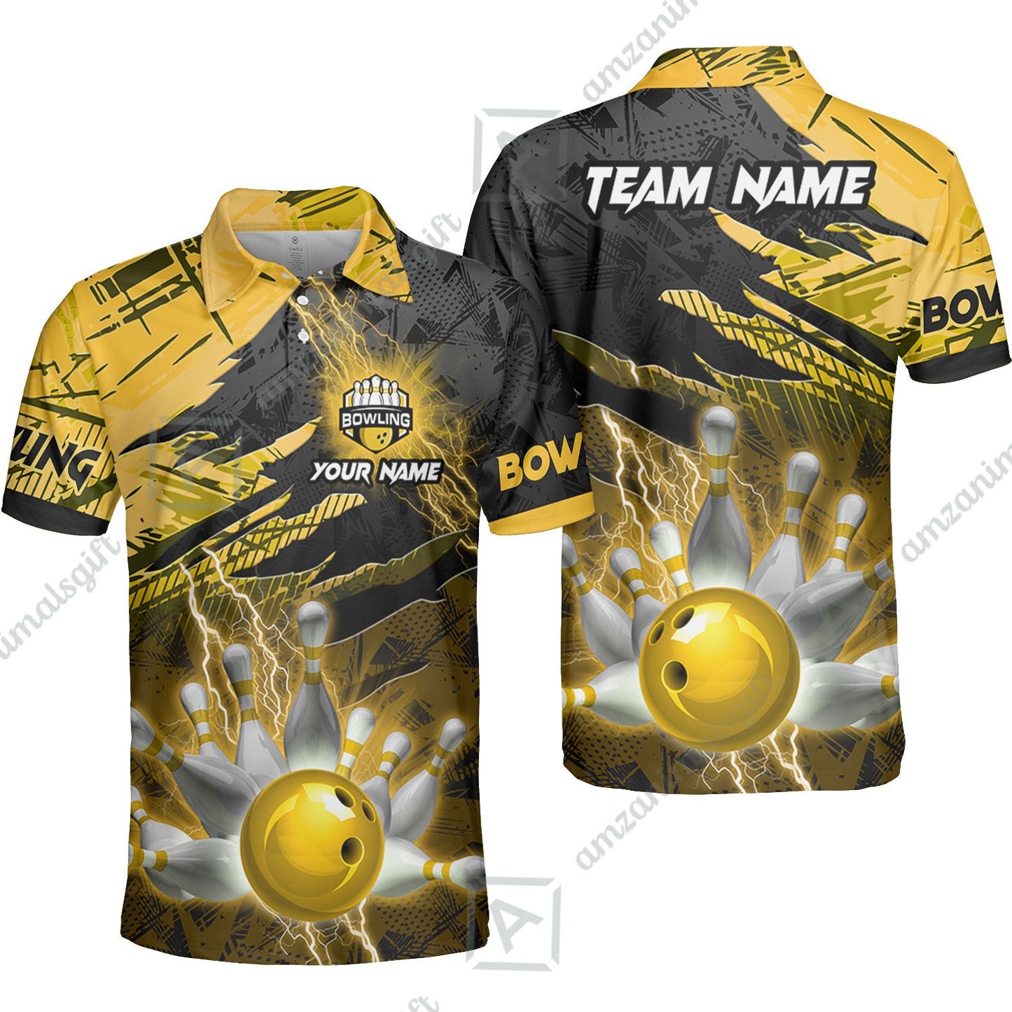 Customized Bowling Unisex Polo Shirt, Bowling And Pins Thunder Break Multicolor Option Customized Name And Team Name Zipper Polo Jerseys Shirts
