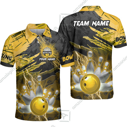 Customized Bowling Unisex Polo Shirt, Bowling And Pins Thunder Break Multicolor Option Customized Name And Team Name Zipper Polo Jerseys Shirts