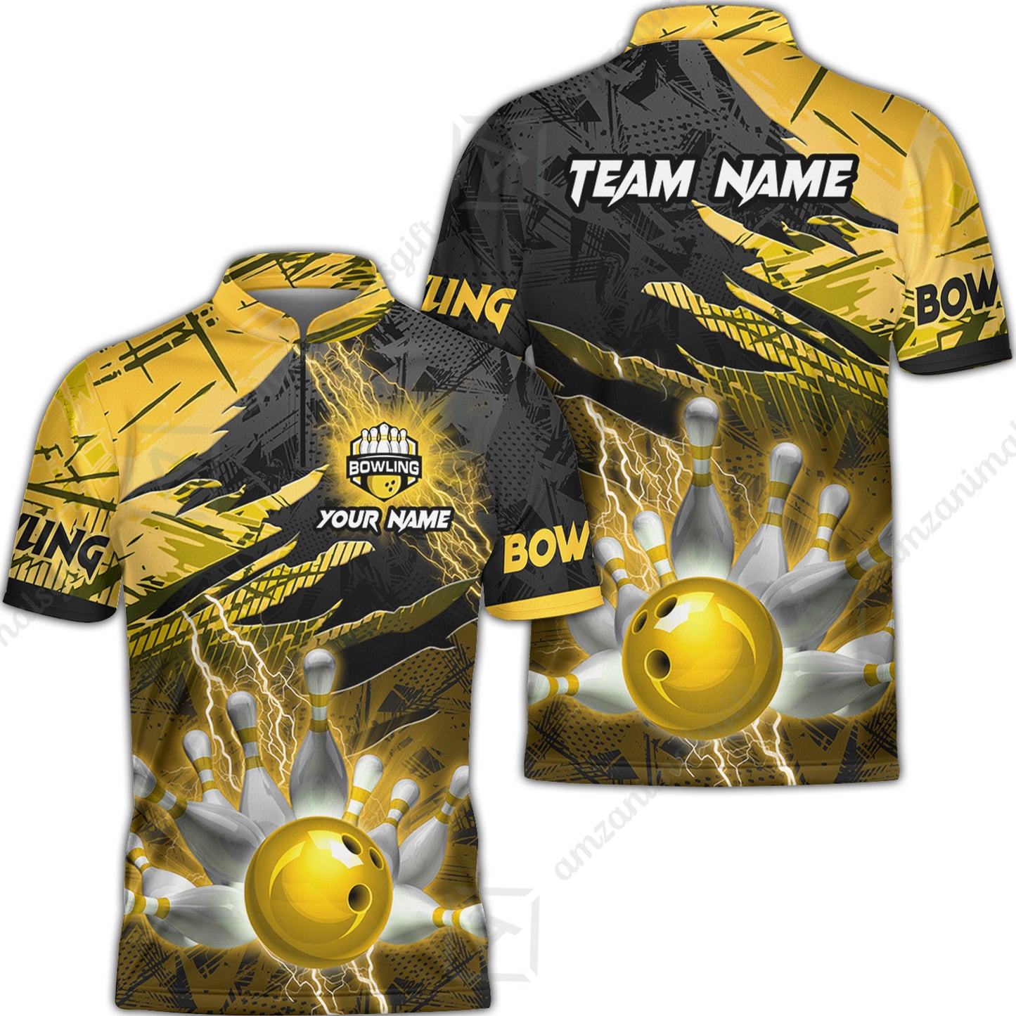 Customized Bowling Unisex Polo Shirt, Bowling And Pins Thunder Break Multicolor Option Customized Name And Team Name Zipper Polo Jerseys Shirts