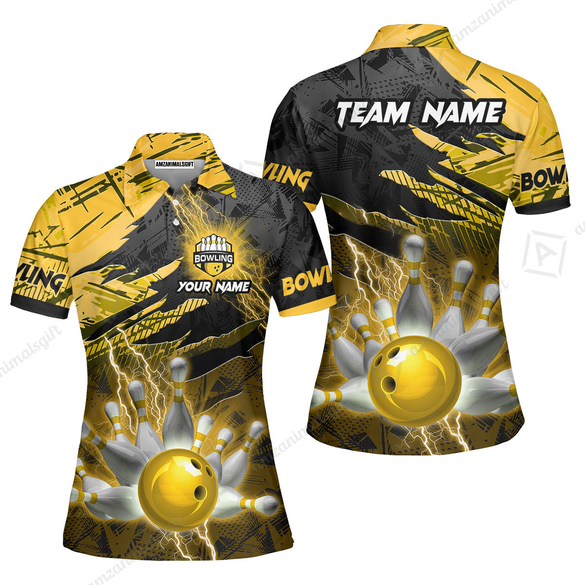 Customized Bowling Unisex Polo Shirt, Bowling And Pins Thunder Break Multicolor Option Customized Name And Team Name Zipper Polo Jerseys Shirts