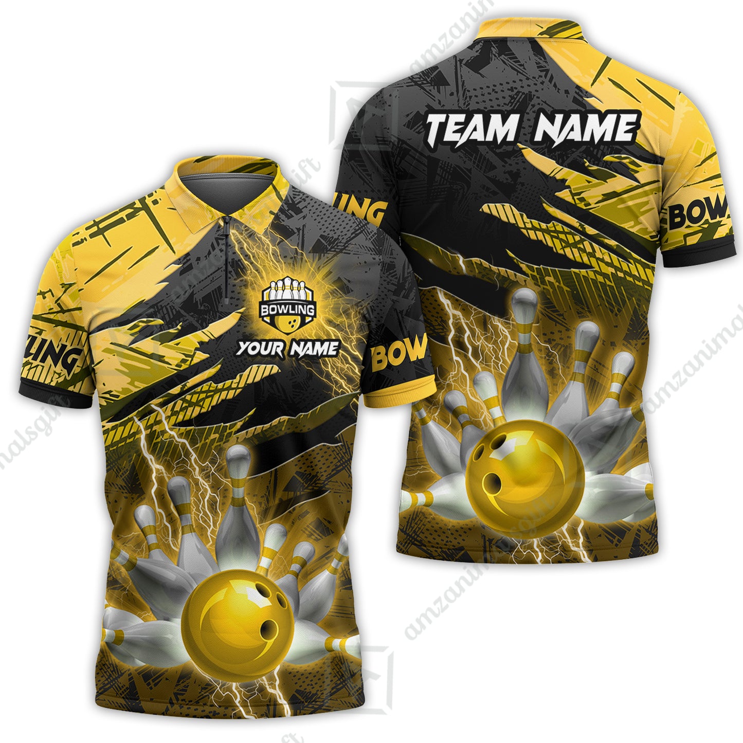 Customized Bowling Unisex Polo Shirt, Bowling And Pins Thunder Break Multicolor Option Customized Name And Team Name Zipper Polo Jerseys Shirts