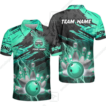 Customized Bowling Unisex Polo Shirt, Bowling And Pins Thunder Break Multicolor Option Customized Name And Team Name Zipper Polo Jerseys Shirts
