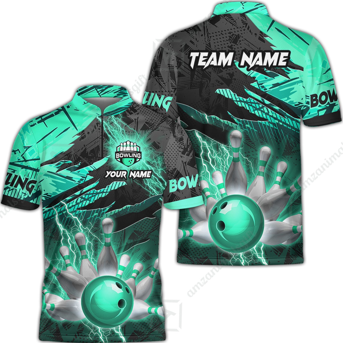 Customized Bowling Unisex Polo Shirt, Bowling And Pins Thunder Break Multicolor Option Customized Name And Team Name Zipper Polo Jerseys Shirts
