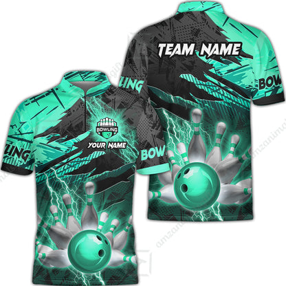 Customized Bowling Unisex Polo Shirt, Bowling And Pins Thunder Break Multicolor Option Customized Name And Team Name Zipper Polo Jerseys Shirts