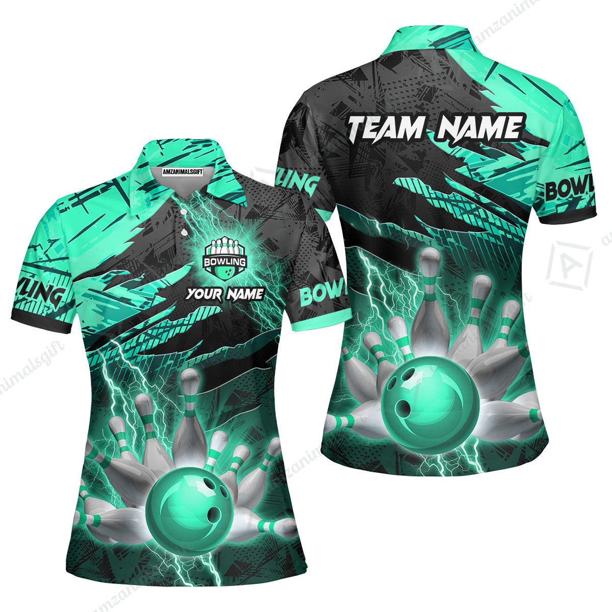 Customized Bowling Unisex Polo Shirt, Bowling And Pins Thunder Break Multicolor Option Customized Name And Team Name Zipper Polo Jerseys Shirts